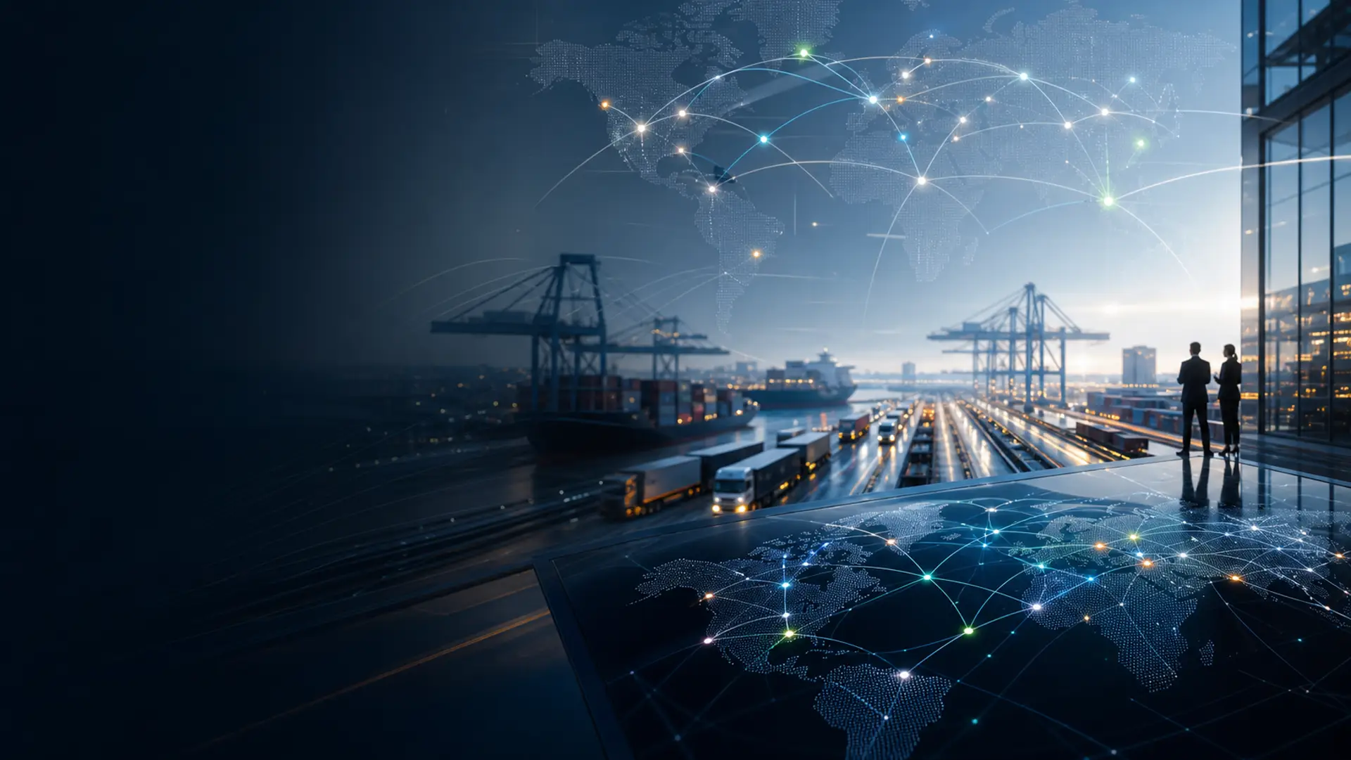 Two business executives overlooking a global logistics network at dusk, with a busy shipping port, container cranes, cargo ships, freight trucks, and an illuminated digital world map connecting international supply chain routes