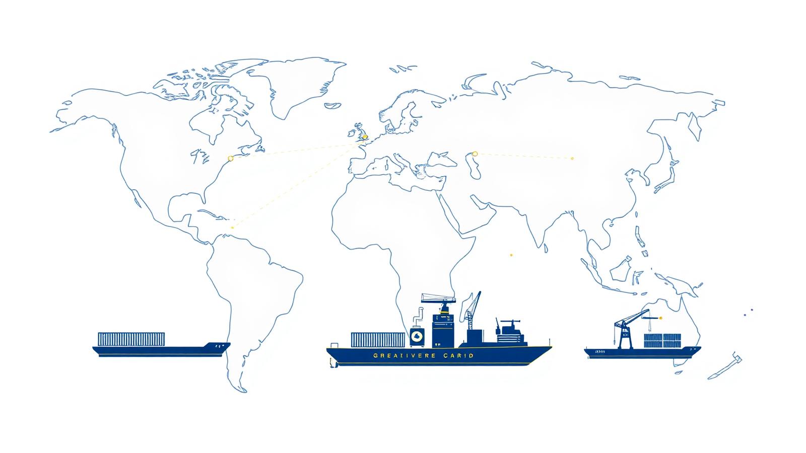 Line-art illustration of an interconnected global supply chain network with cargo ships, ports, and data nodes representing AI market mapping