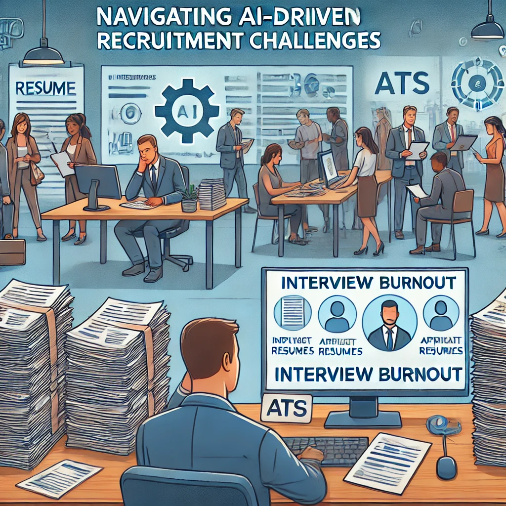 A busy recruitment office with hiring managers sifting through stacks of resumes. On one side, a computer screen displays AI-generated resumes and an Applicant Tracking System (ATS) interface. The atmosphere shows interview burnout with exhausted hiring managers and candidates waiting. In contrast, a section showcases a streamlined, efficient recruitment process with happy hiring managers and a successful interview with a top-tier candidate. Text overlay: 'Navigating AI-Driven Recruitment Challenges'.