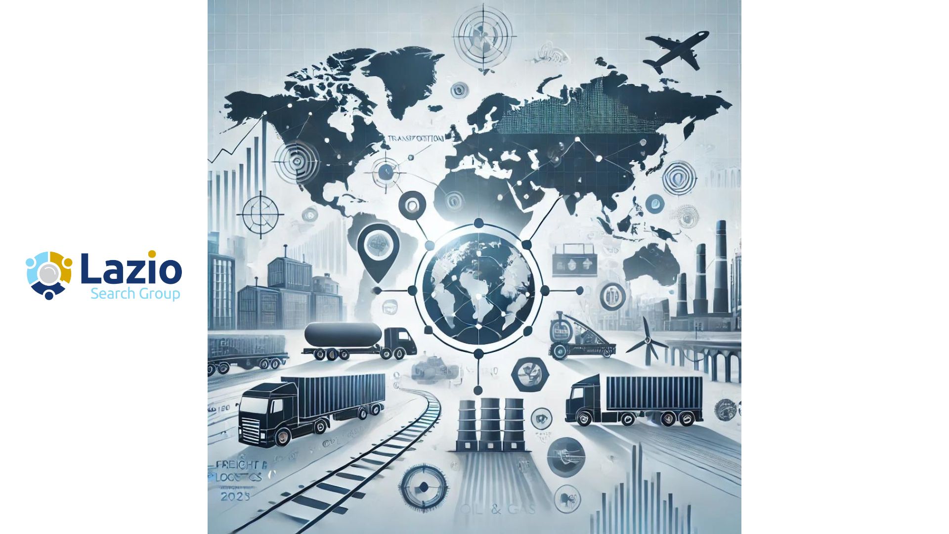 "Freight & Logistics Market Report 2023 with icons representing transportation, warehousing, manufacturing, oil and gas, and agriculture. Background features global logistics elements like a world map, cargo ships, trucks, and airplanes."