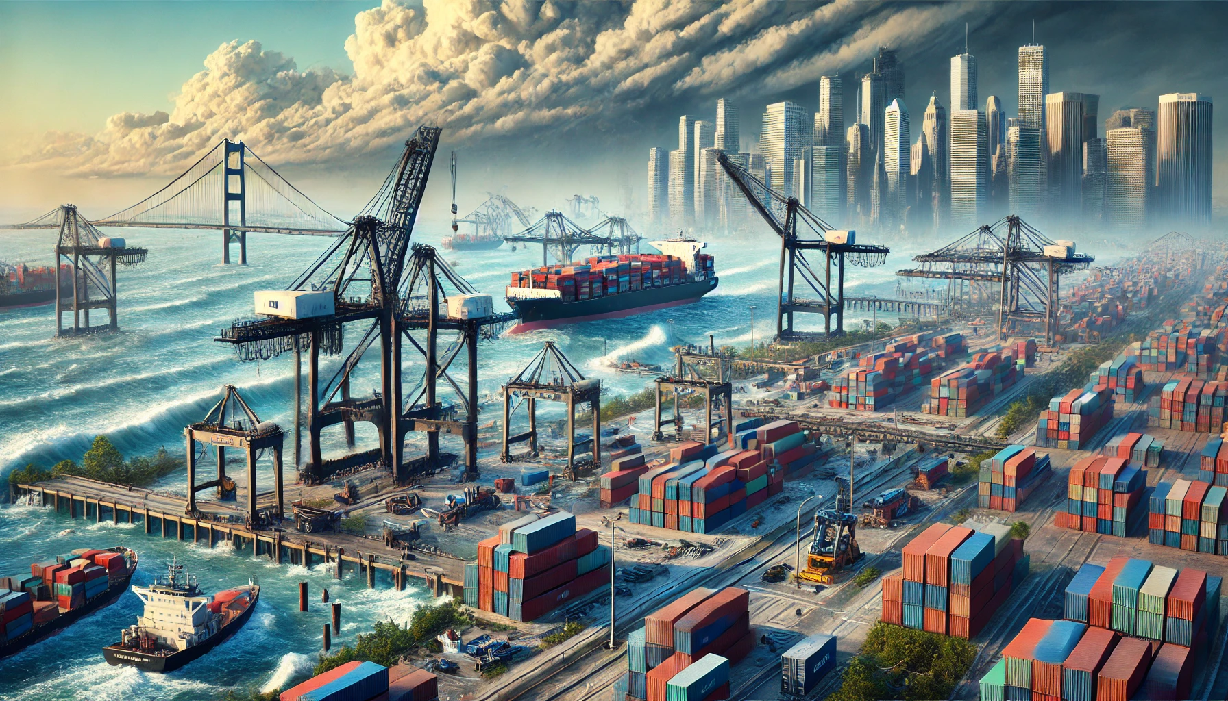 A scene showing the impact of a major U.S. port strike, with container ships anchored off the coast and idle dock equipment. Damaged port infrastructure and storm clouds in the background highlight the effects of Hurricane Helene on supply chains.