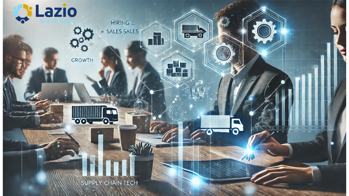 Modern office setting with salespeople collaborating on tech devices, featuring abstract icons representing growth, data analytics, and supply chain operations. Digital lines connect the icons, symbolizing technology and innovation in SaaS supply chain sales.