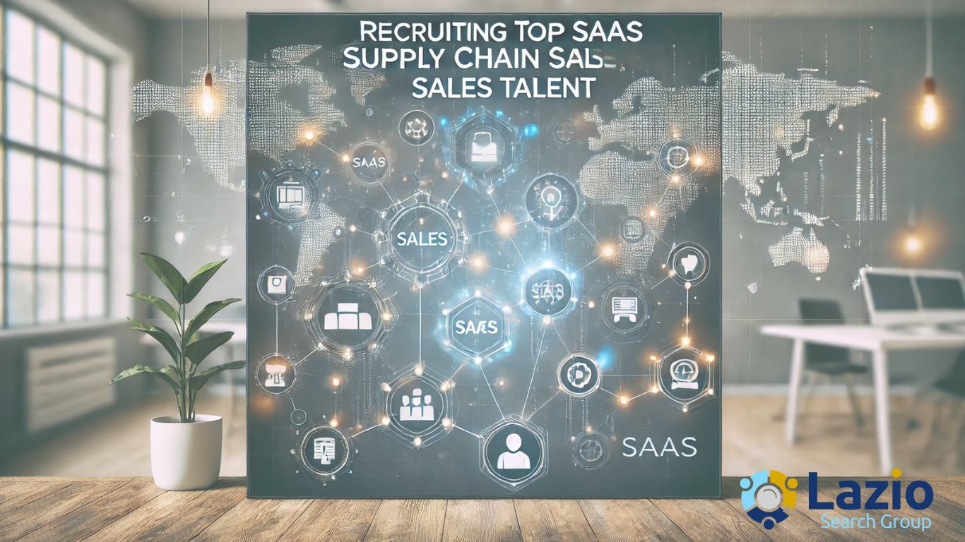 Abstract design featuring a digital supply chain network with interconnected nodes and sales technology icons, representing the recruitment of top SaaS supply chain sales talent.