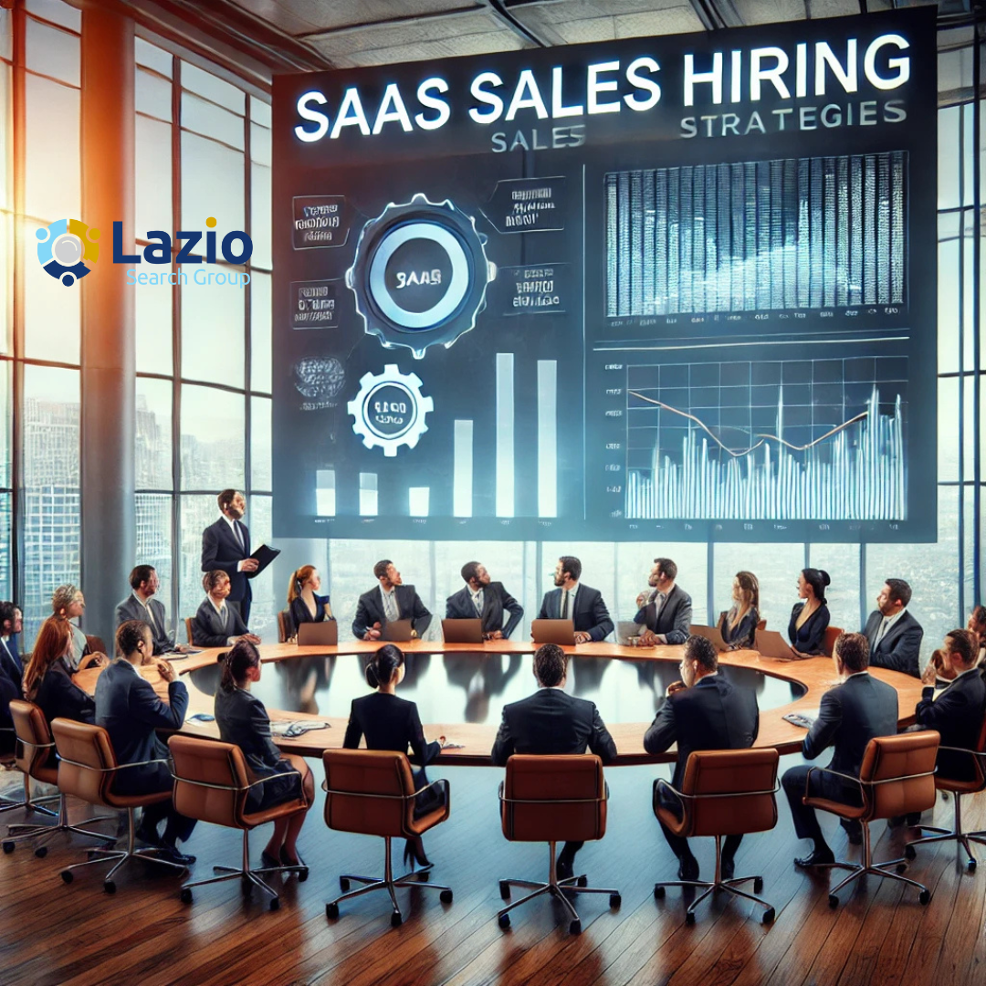 "A team of executives in a modern conference room discussing SaaS sales hiring strategies, analyzing market trends, and recruitment plans with an optimistic outlook."