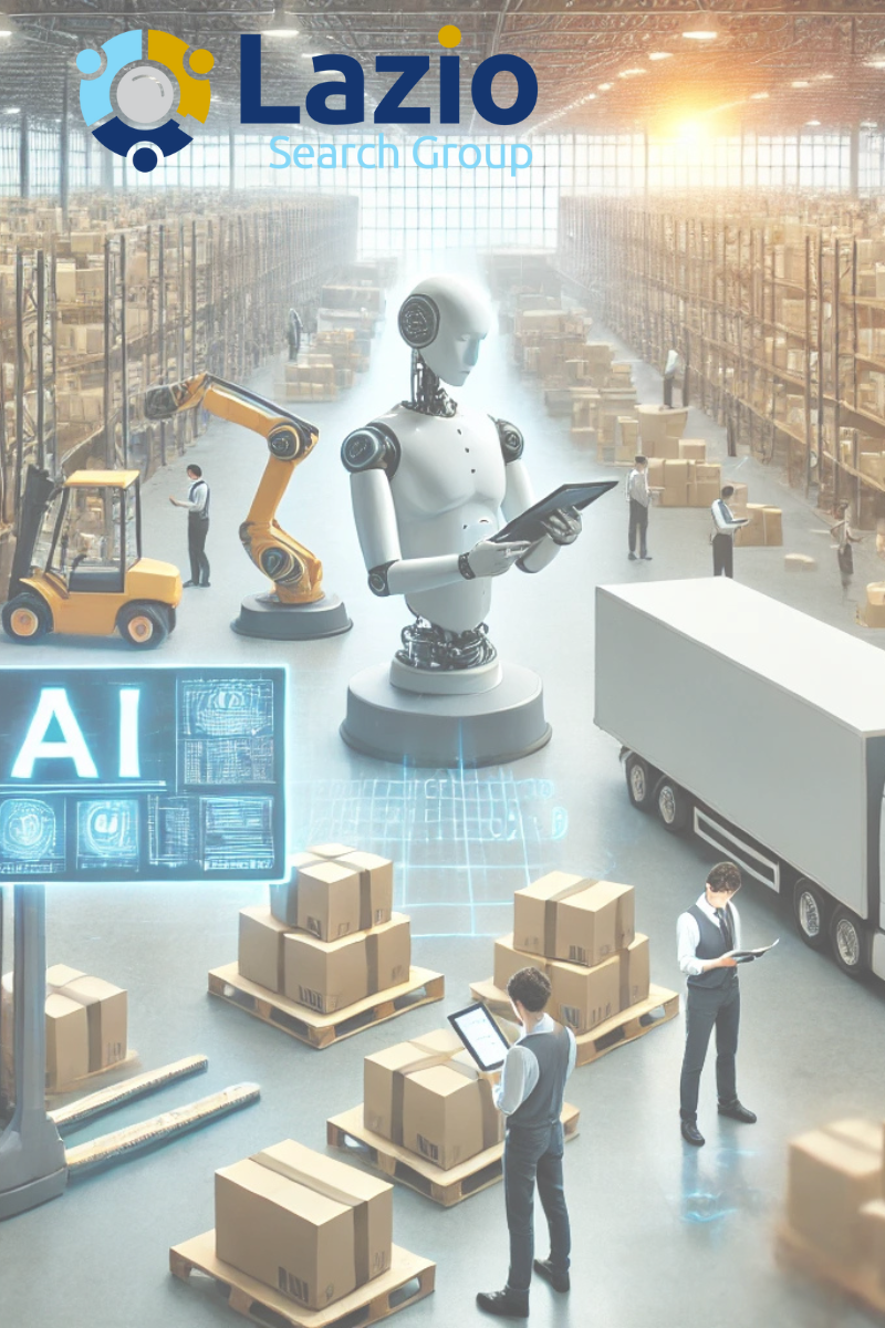 Modern logistics warehouse featuring AI-driven inventory management with automated robots, workers using tablets for real-time tracking, and a fleet of delivery trucks. Represents efficiency in supply chain staffing solutions.